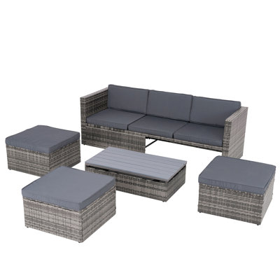 Patio Furniture, Outdoor Furniture, Seasonal Pe Wicker Furniture,5 Set Wicker Furniture With Plywood Coffee Table,With Lift Top Coffee Table,With Lounger Sofa