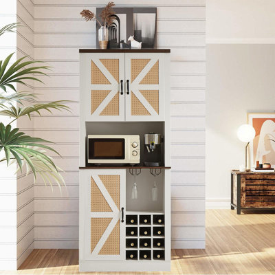 Farmhouse Faux Rattan Wine Cabinet with Barn Doors and Microwave Shelves