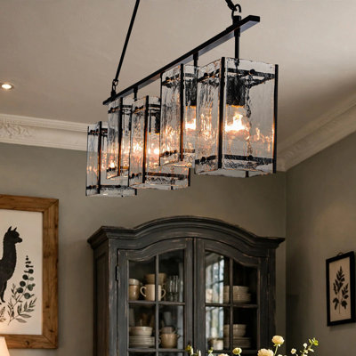5-Light Matte Black Water Ripple Glass Kitchen Island Pendant