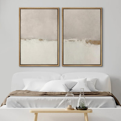 Minimal Landscape "Beige Tan Grunge Abstract Modern Artwork, Simple Minimalist Neutral Wall Pictures, Framed Canvas Giclee Print 2 Pieces Wall Art"