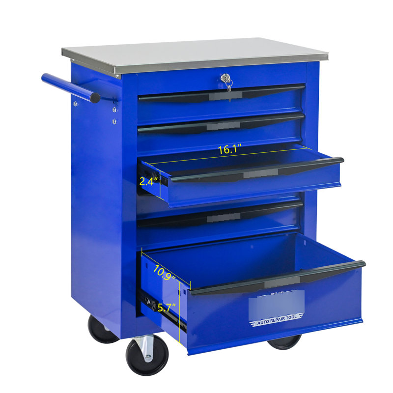 Chariot à outils 6 tiroirs pour le garage, chariot roulant en métal avec roues, noir et bleu, verrouillage par clé, chariot multifonctionnel à roulement, tiroirs verrouillables avec rangement bleu, surface en acier lisse
