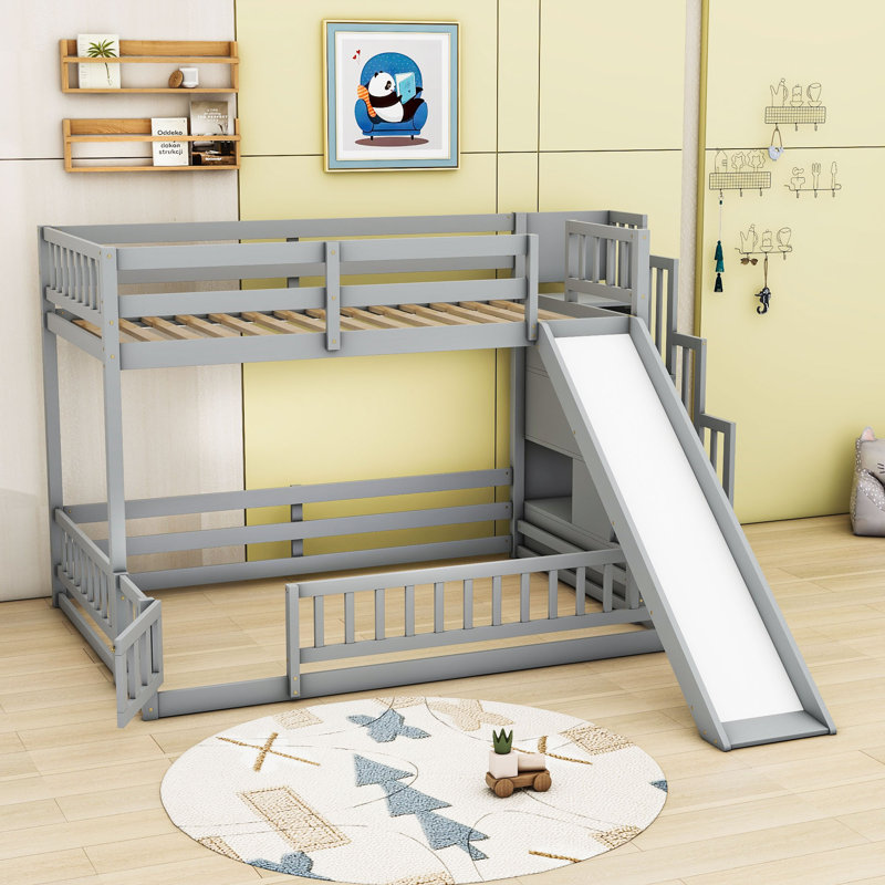 Twin Over Full Wooden Bunk Bed With Slide And Staircase, Grey