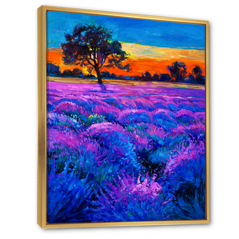 Champ de lavande mauve - œuvre d'art traditionnelle sur toile, H 32 po x l 16 po x P 1 po, Cadre flottant doré