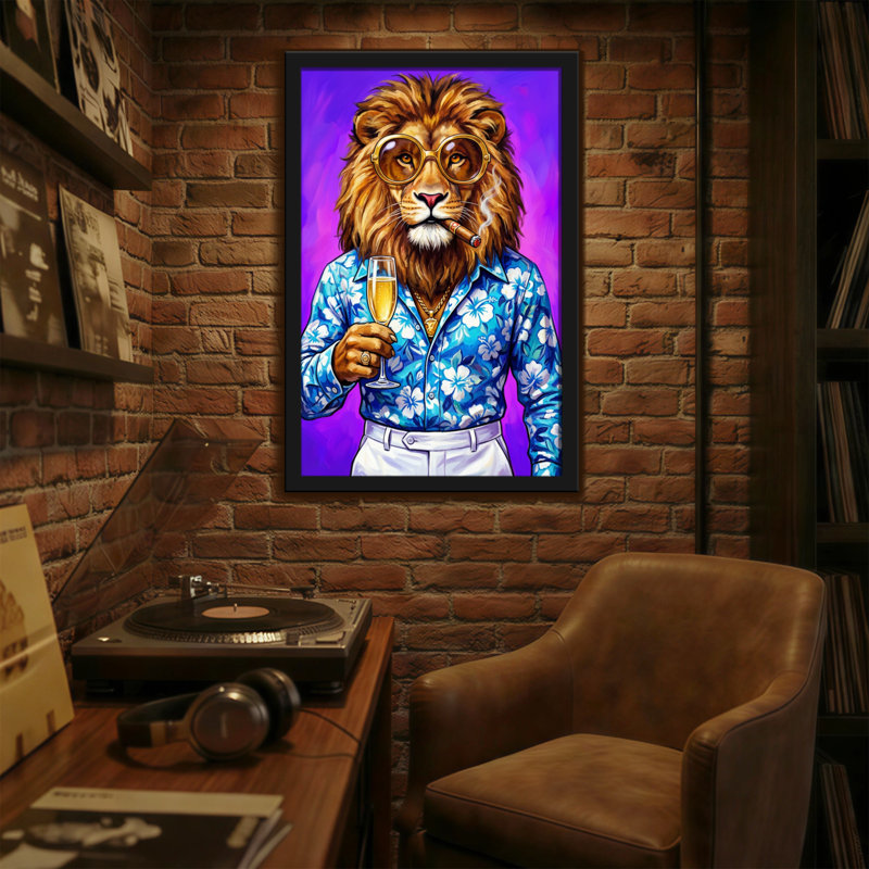 Animaux, lion avec lunettes et cigare tenant du champagne, H 18 po x l 12 po