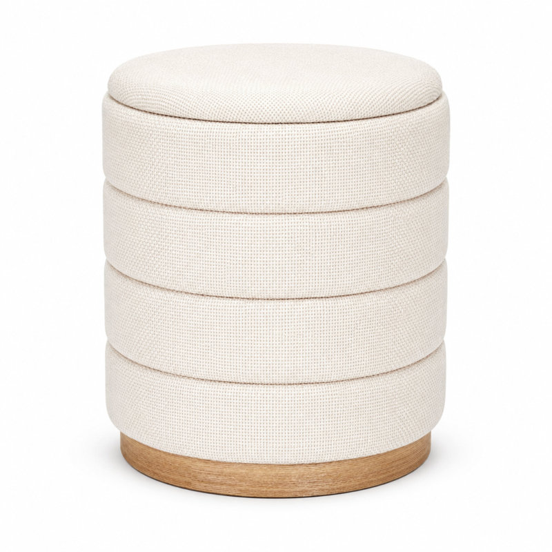 Pouf de rangement cylindrique Tessa 40 cm (16 po) en lin, avec couvercle amovible et rangement dissimulé, beige, Beige