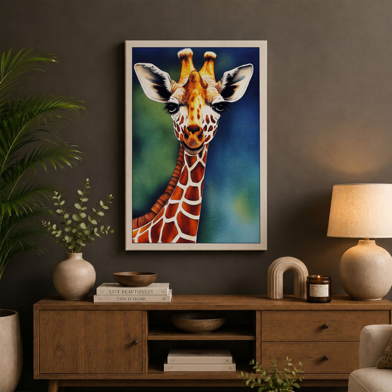 Giraffe Portrait Boho 1 Piece Wrapped Canvas Wall Art, 30x20 - 76.2 x 50.8 cm, Cream Border