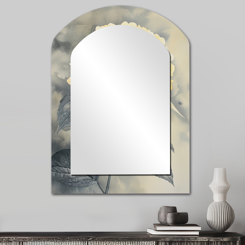 Soft Yellow Hydrangea Flowers II - Yellow Traditional Arch Wall Mirror, 34" x 25"