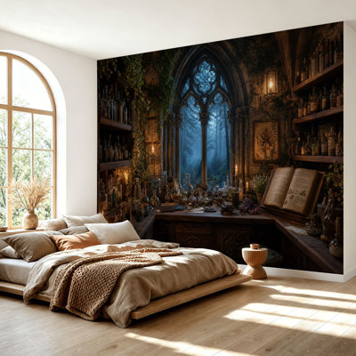 Wall Mural Peel and Stick Wallpaper Medieval Alchemist s Workshop Gothic Window Candlelit Ambiance Self-Adhesive Removable Contact Paper Wall Decor for Living Room Bedroom 69"H x 96"W