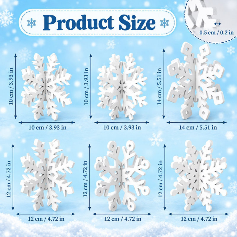 Ensemble de 6 décorations de table en bois blanc 3D en forme de flocons de neige