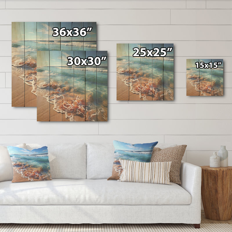Vue aérienne de la plage, symphonie I - plage, art mural sur bois de pin naturel, H 30 po x l 30 po