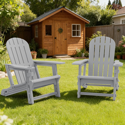 Set of 2 Light Gray HDPE Adirondack Chairs, All-Weather Wood Textured Outdoor Chairs with Removable Tabletop for Garden, Backyard & Pool