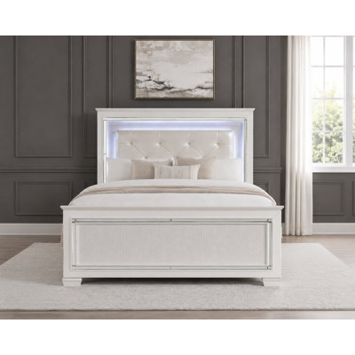 Eudora Bed with LED Backlit Headboard — Faux Alligator Embossed Panel · Beveled Mirror Trim · White Finish