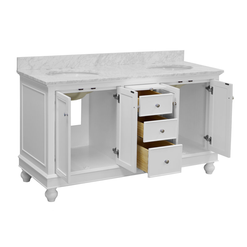 Ensemble de meuble-lavabo double 60 po Ferdinand, Blanc, Marbre de Carrare