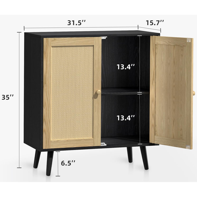2 Door Rattan Storage Cabinet, Wood Kitchen Sideboard Buffet Console Table With Shelves For Kitchen & Entryway Storage, Black