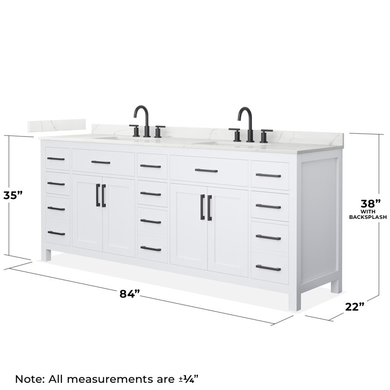 Beckett 84" Freestanding Double Bathroom Vanity with Quartz Top, White, Matte Black, Giotto Quartz