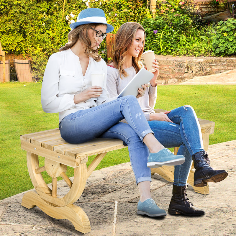 2 banc de patio rustique - siège de jardin extérieur en bois avec pieds de roue de chariot, support de 550 lb, aspect naturel pour 2 supports jusqu'à lb, coloriage