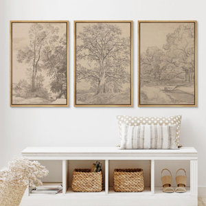 Vintage Forest Tree Sketch Rustic Countryside Landscape Picture Framed Canvas 3 Piece Print Wall Art
