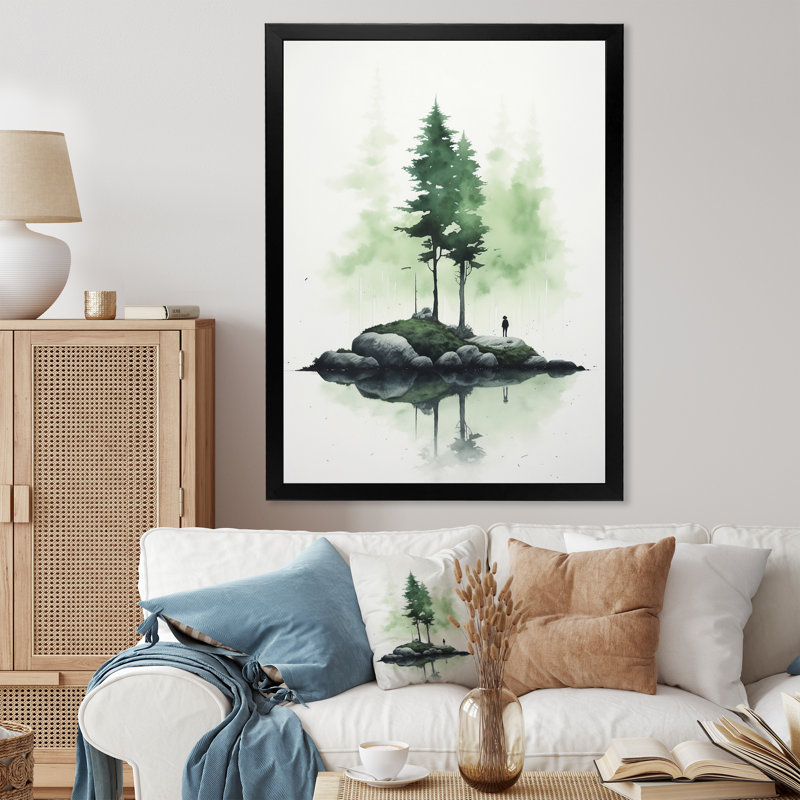 Pin, île, aquarelle minimale, vert tendre, Cadre photo noir, H 20 po x l 12 po x P 1 po