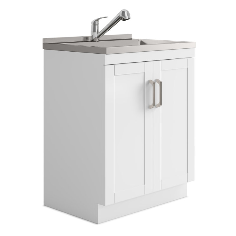 Kyle 28"W Utility Sink & Laundry Cabinet with Pull-Out Faucet and Stainless Steel Sink, White