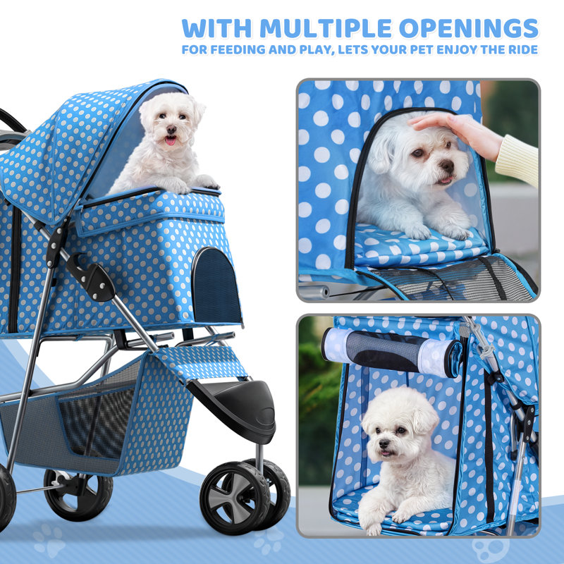 Sky Blue Polka Dot Foldable Pet Stroller with Storage