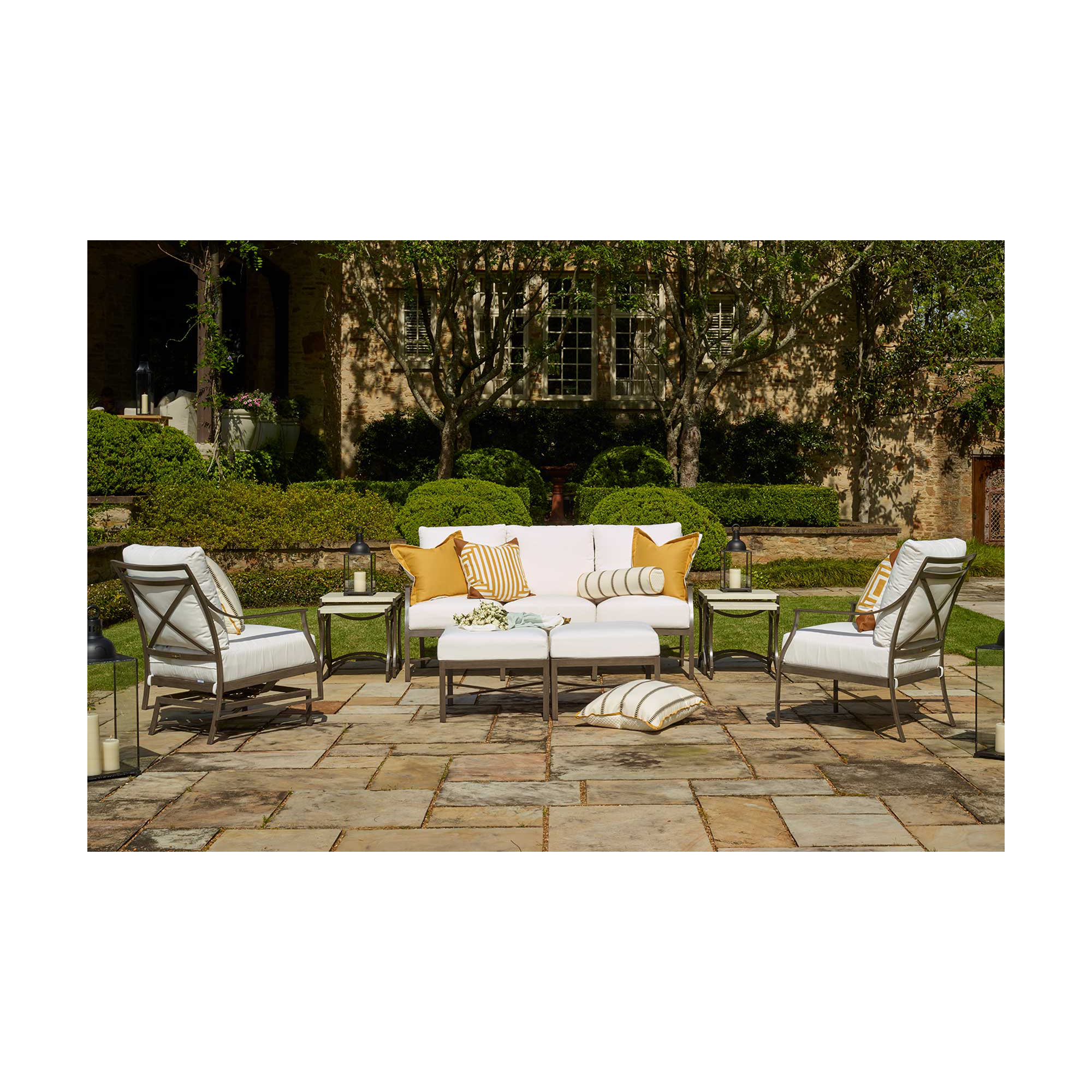 Monaco Wrought Aluminum Outdoor Lounge Chair, Natural White, No Welt, Slate Gray