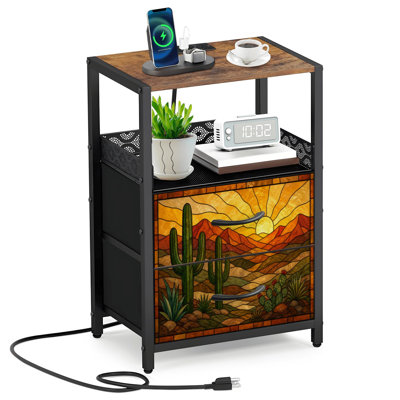 Table de chevet 2 tiroirs en tissu avec station de charge Table de chevet en verre coloré Western Desert Cactus Sunset
