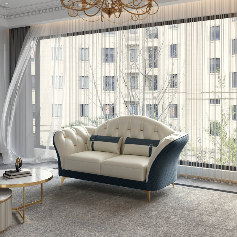 Elberton Upholstered 77'' Loveseat, White/Blue Genuine Leather