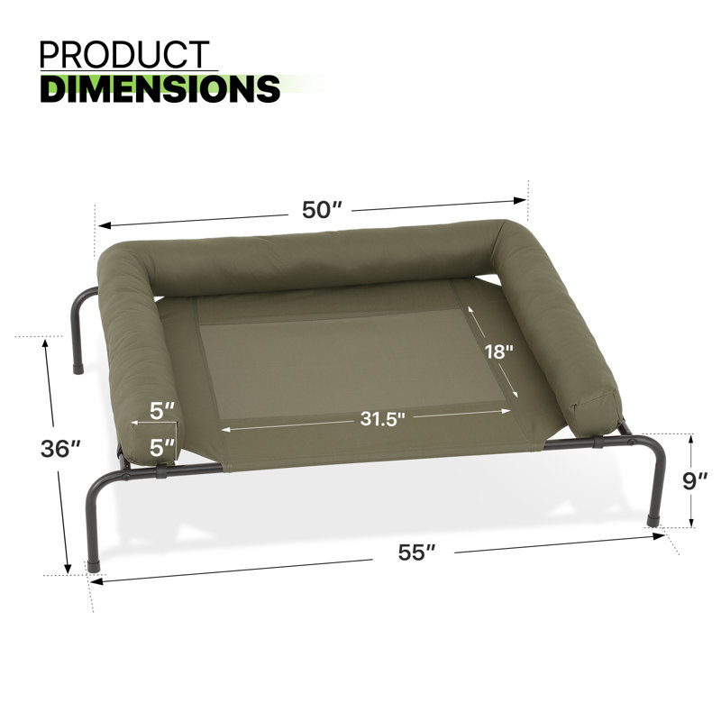 Lit pour chien surélevé avec coussins Cooler, Vert foncé, Très grand (l 55 po x P 36 po x H 9 po)