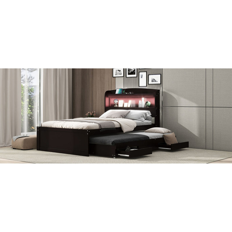 Lit plateforme simple brun foncé avec rangement efficace, tête de lit à DEL et station de charge blanche, 2 tiroirs, lit gigogne