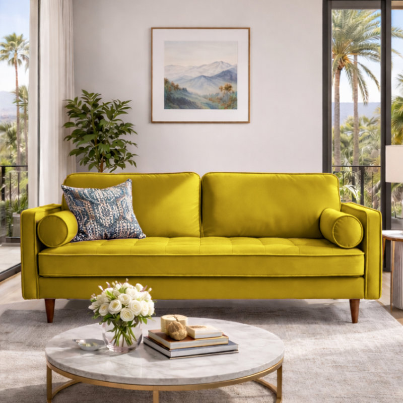 Alden 70" Square Arm Velvet Sofa, Yellow