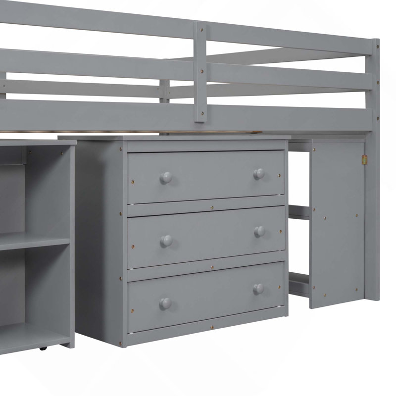 Lit mezzanine double en bois avec bureau d'écriture rétractable et 3 tiroirs, escalier de rangement et tablettes, Grey