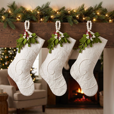 Mistletoe on Cream Christmas Stocking in Hand Felted Wool