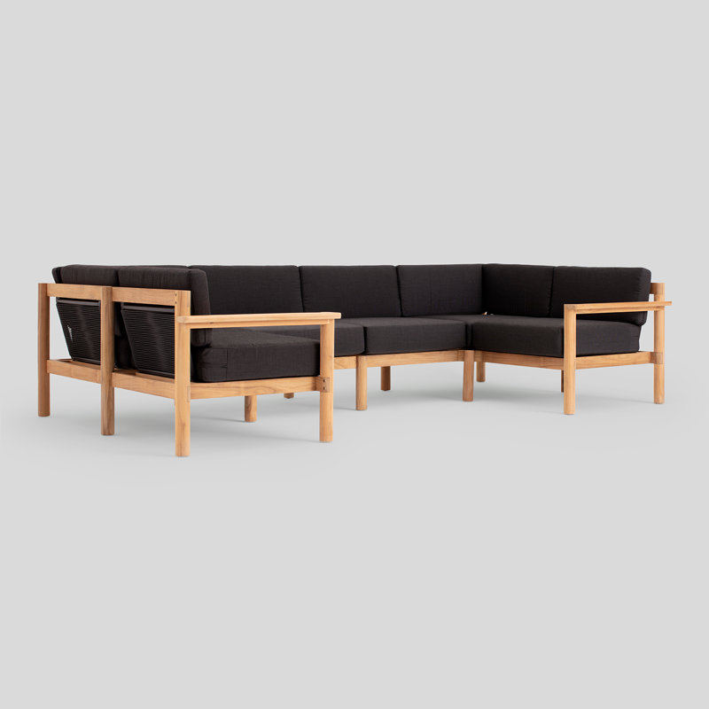 Haven 8-Piece U-Shaped Teak Outdoor Sectional with Sunbrella Cushions and Wooden Armrest, Sunbrella Coal, 6