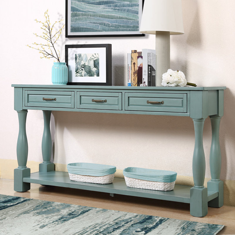 Console de 63,4 po avec tiroirs et table d'entrée, Bleu rétro