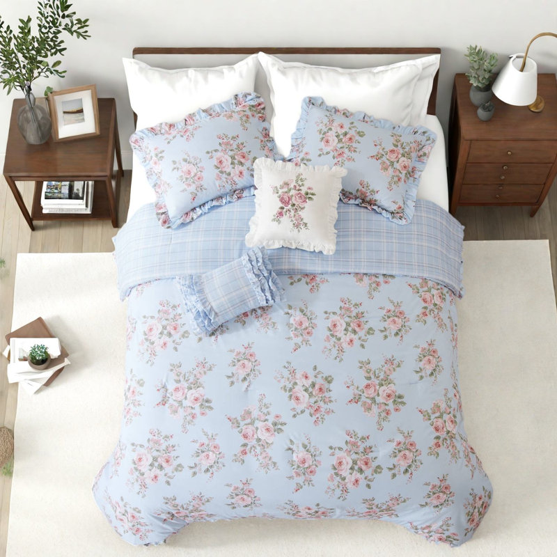 Checkered and Floral Comforter Set