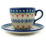 Polish Pottery Tulips and Diamonds Coffee Mug with Saucer
