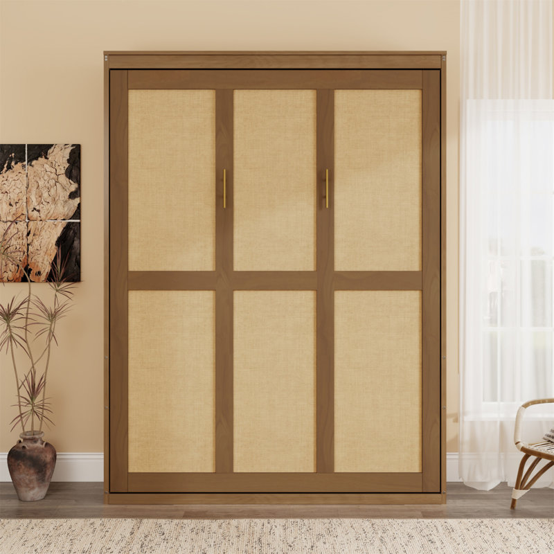 Armoire en bois massif avec lit escamotable en rotin pour une chambre d'amis, Noyer, Grand lit