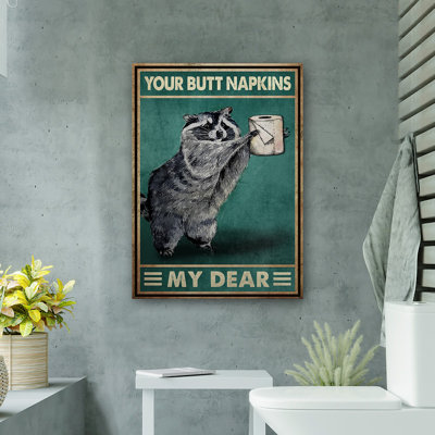 Shy Raccoon - Your Napkins, My Dear Gallery, toile tendue - décor d'illustrations animales de salle de bain et de lessive, gris et vert bleu, décor de salle de bain