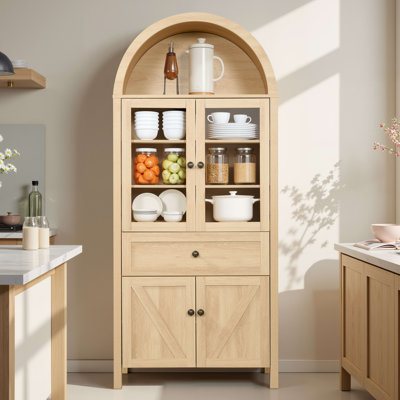 Arched Tall Kitchen Pantry, Retro Wood Storage Cabinet with Bookshelf & Sideboard,Walnut by Gracie Oaks