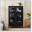 Vitrine haute de 60 po avec porte en verre trempé, éclairage DEL, deux tiroirs, armoire de rangement de style moderne pour le salon, le bureau et le bureau-992588527