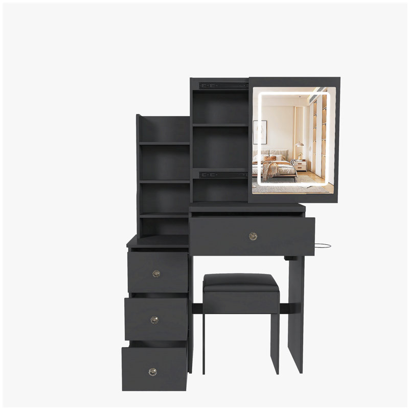 Ce meuble-lavabo moderne comprend 3 modes d'éclairage DEL à luminosité réglable, 4 tiroirs et plusieurs tablettes de rangement ouvertes, un porte-sèche-cheveux et une prise de courant, ainsi qu'un fauteuil. Noir