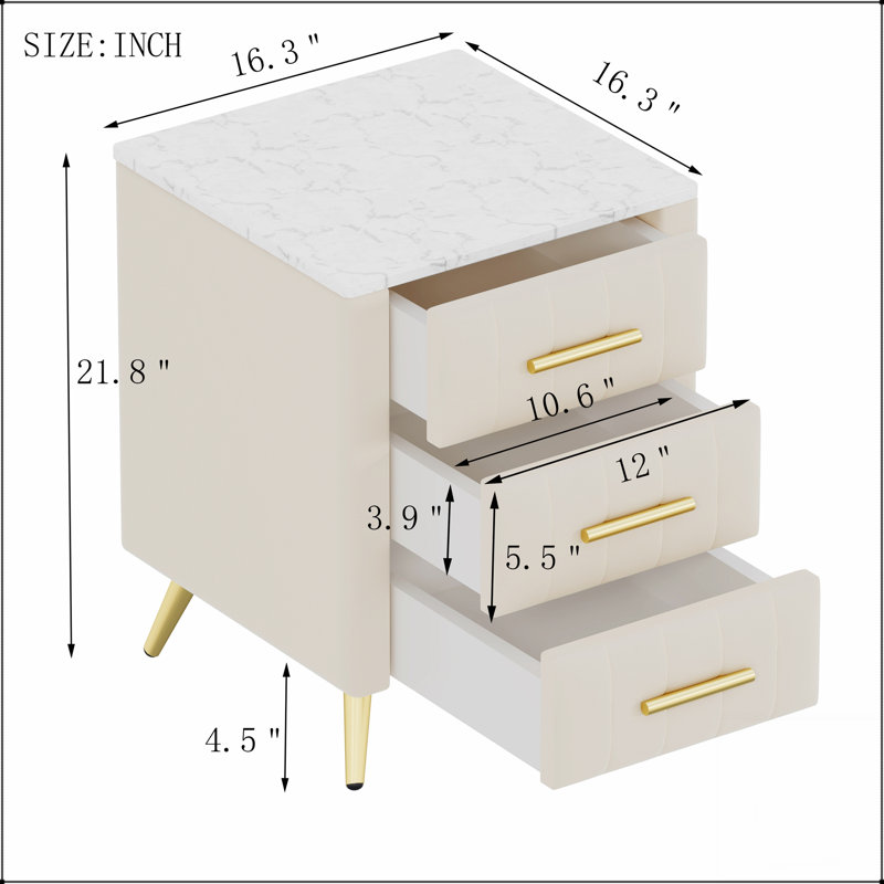 Table de chevet rembourrée en bois avec 3 tiroirs et pieds et poignées en métal, plan de travail en marbre pour un rangement élégant