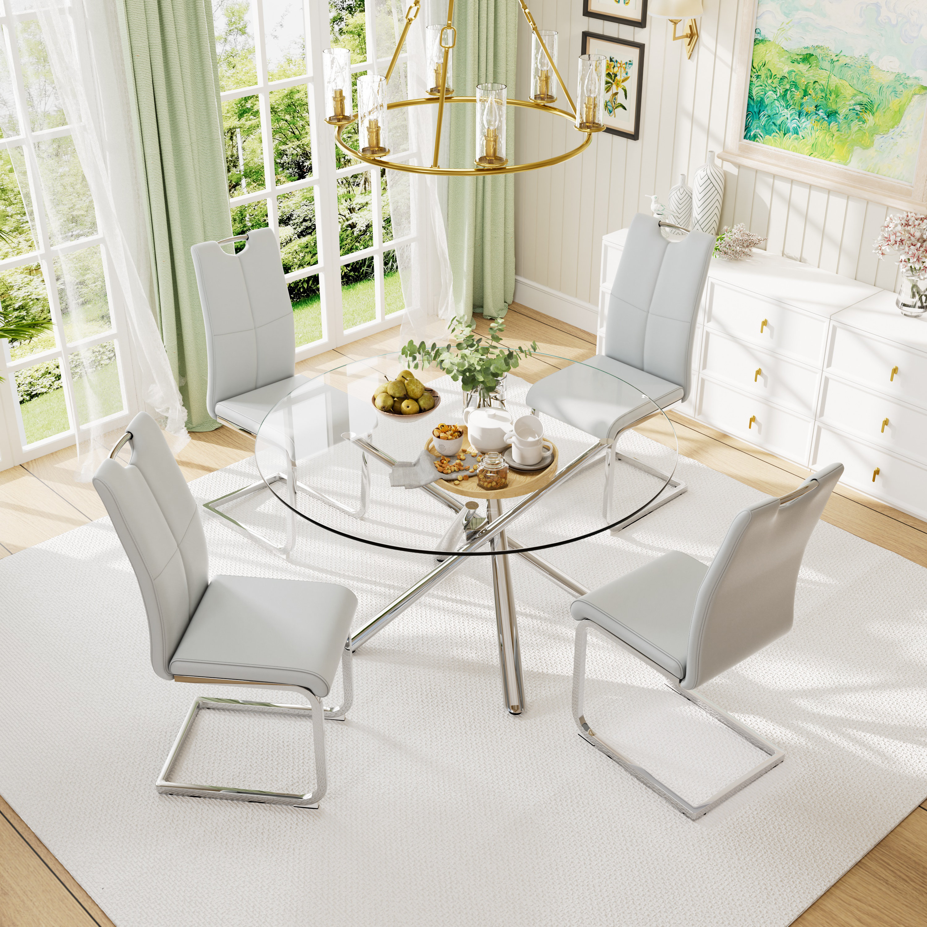 Paxton Piece Round Glass Top Dining Table Set Nutmeg