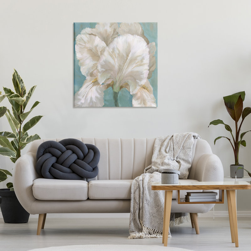 "Iris blanc sur toile bleue" par Nan, H 30 po x l 30 po