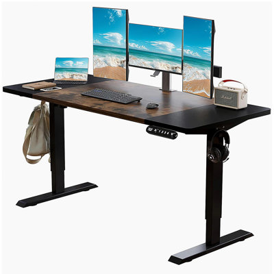 Bureau pour travailler debout électrique à hauteur réglable de 63 po x 30 po, bureau pour travailler debout et debout avec planche de jonction (bureau en chêne et blanc + structure blanche à moteur simple)