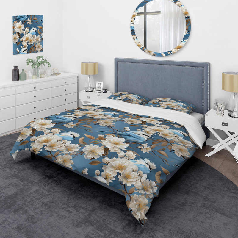 Ensemble de housse de couette à motif floral White and Blue Bird Serenade III