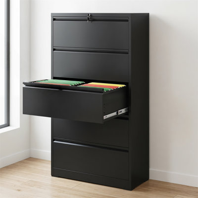 5‑Drawer Lateral File Cabinet, Black Steel, 550 lb Capacity, Interlock Locking System, Full‑Extension Ball‑Bearing Slides, for Legal/Letter/A4