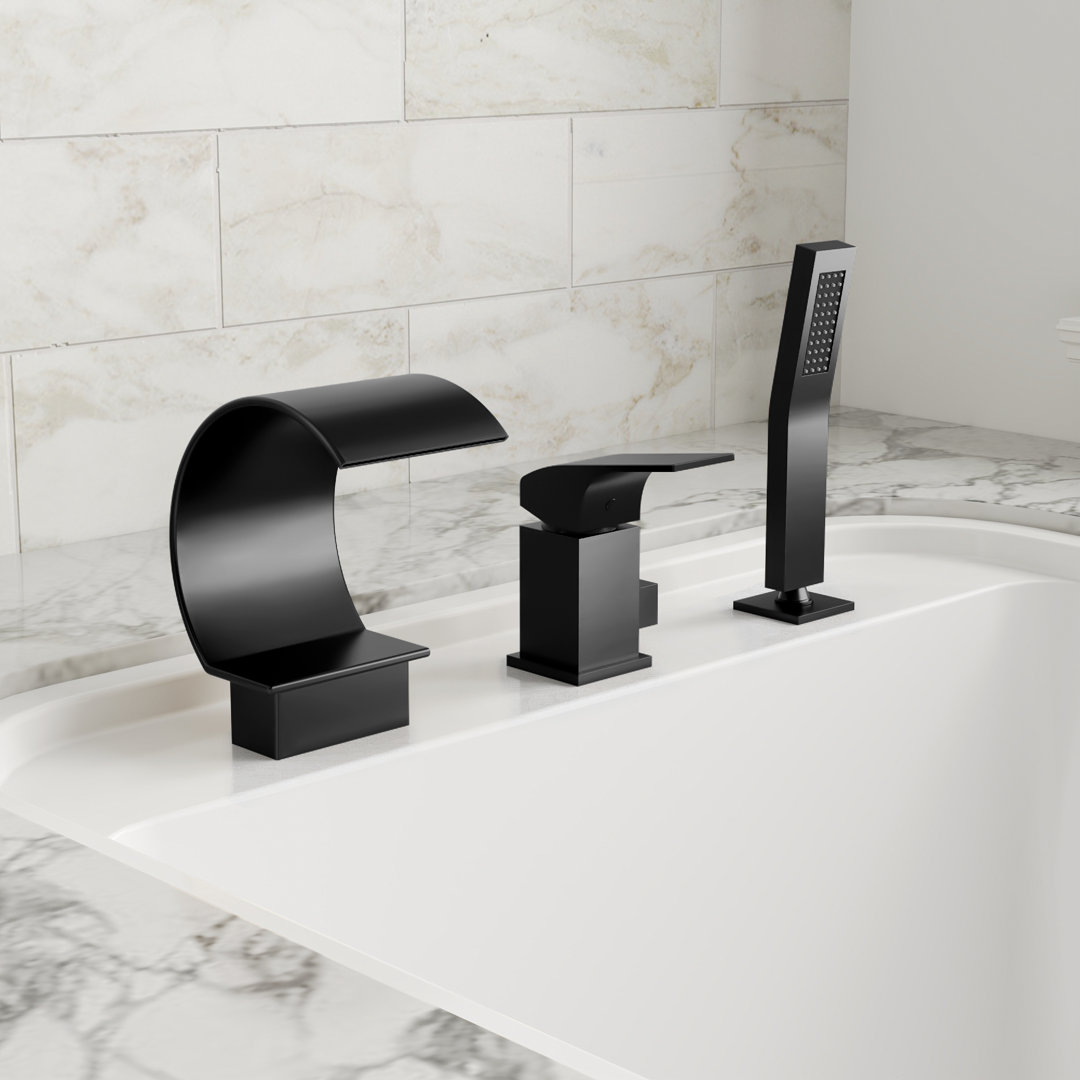 Waterfall Deck-Mount Bathtub Faucet Set, 3-Piece Roman Tub Filler with Single Handle Control and Handheld Shower EVERSTEIN 