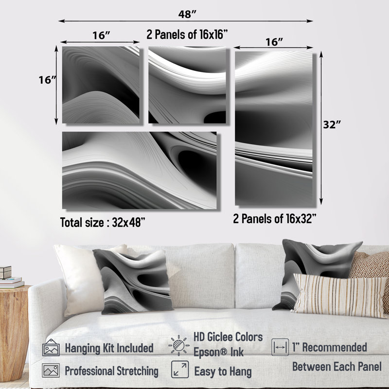 «White Black Infinite Ripples - Abstract Modern Waves», reproduction d'art sur toile 4 pièces, Toile tendue, Does Not Apply