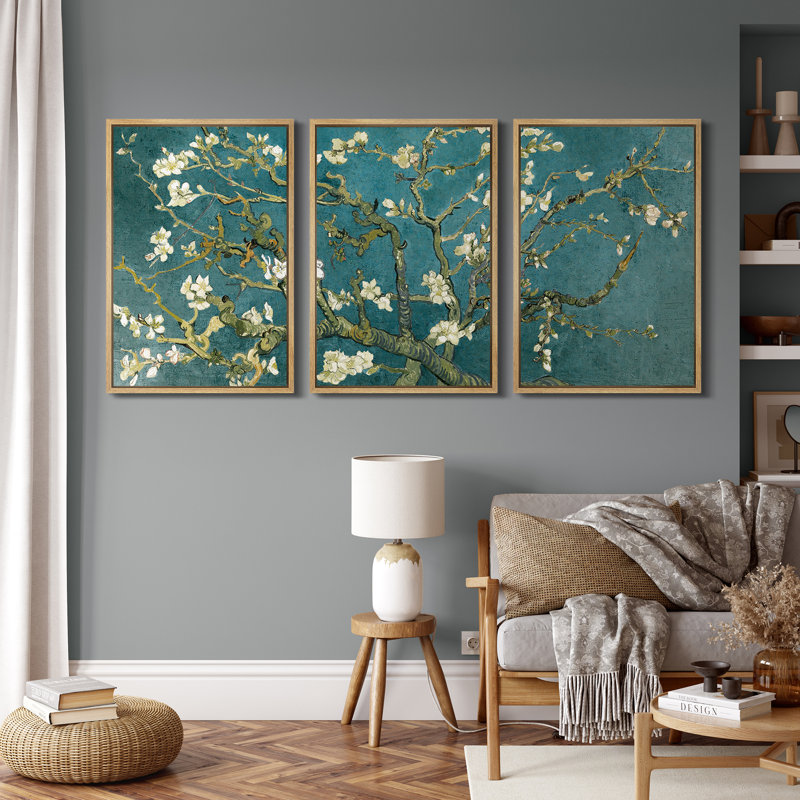«Amandier en fleurs» par Vincent van Gogh, Cadre naturel, Bleu pétrole, H 24 po x l 48 po x P 1,5 po
